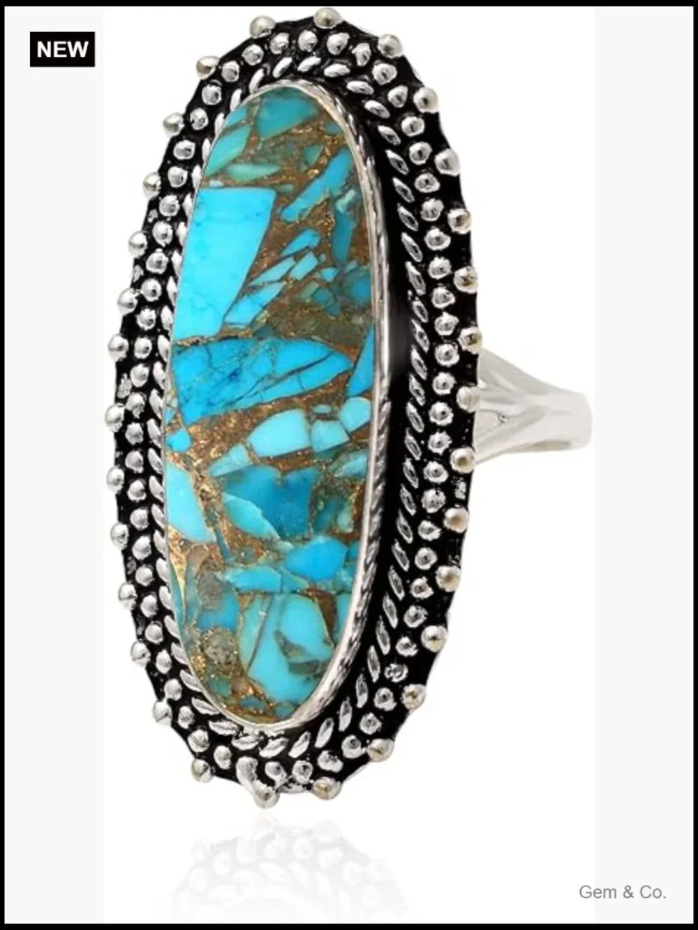 925 Sterling Silver Turquoise Statement Ring, Long Oval Gemstone, Handmade
